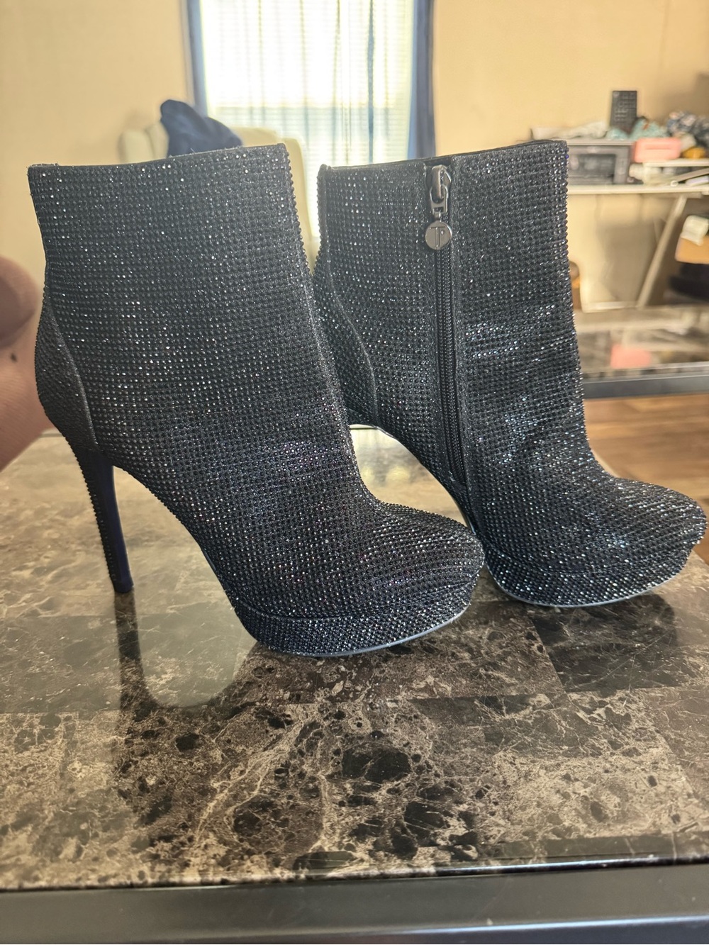 Thalia Sodi Black Rhinestone Platform Ankle Boots